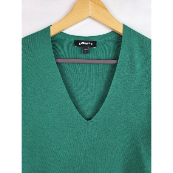 Express Womens Sweater Size Large Emerald Green V-Neck Soft Knit Long Sleeve Top - Picture 2 of 10